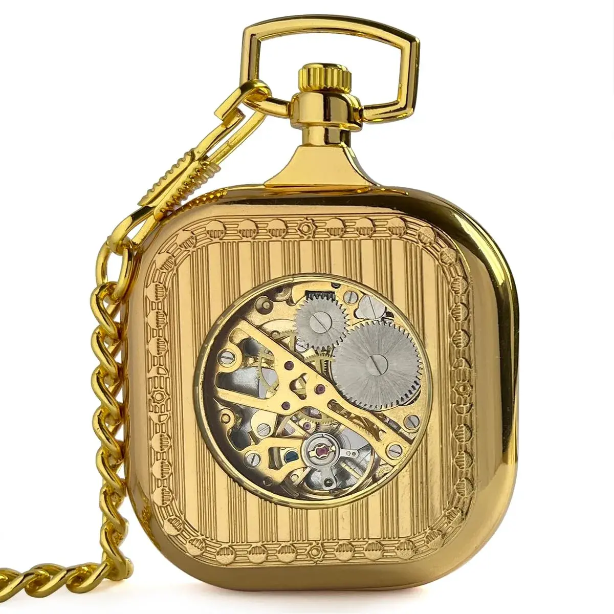 VIGOROSO Vintage Mechanical Pocket Watch with Chain, 4.45 cm (1.75 in) Case | Gold Skeleton Dial, Roman Numerals - view 2