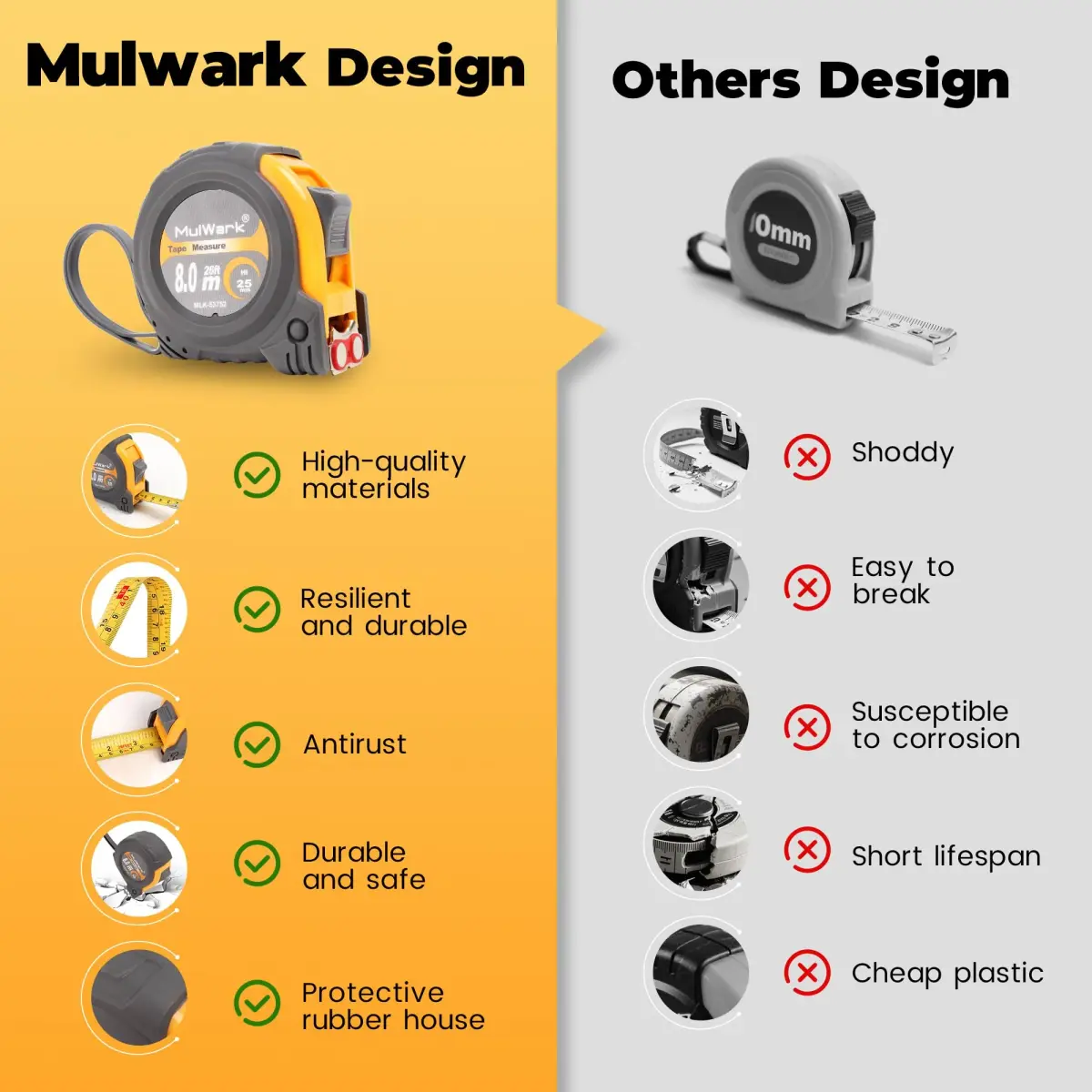 MulWark 2-Pack 8m (26 ft) Retractable Tape Measure | Dual-Sided Metal Blade, Magnetic Hook - view 3