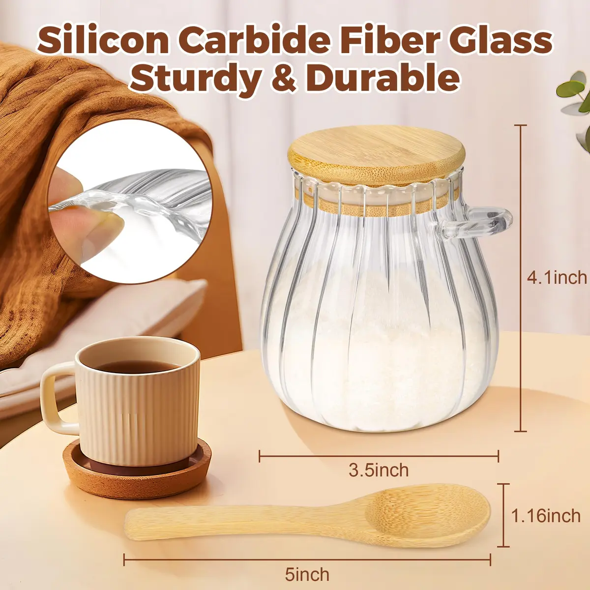 holoith Sugar Container with Bamboo Lid & Spoon | 15oz Glass Jar for Kitchen & Gifts - view 3