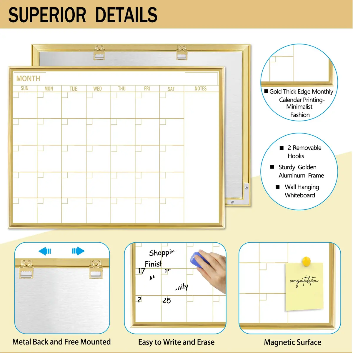 Marribol Golden Monthly Dry Erase Calendar Whiteboard 16"x12" | Magnetic Wall Planner - view 3