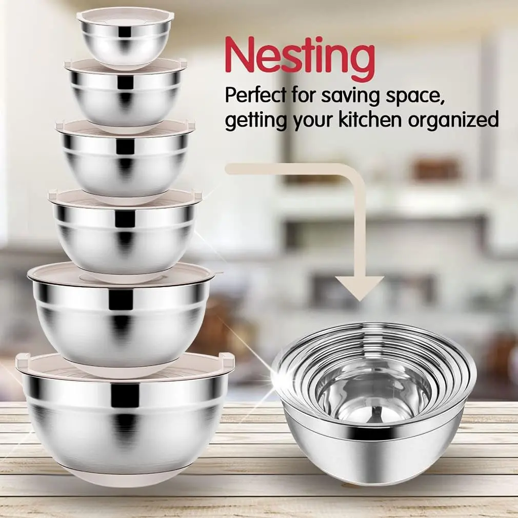 Rottay Stainless Steel Mixing Bowls Set 6pcs with Airtight Lids | Space-Saving, Durable & Dishwasher Safe - view 5