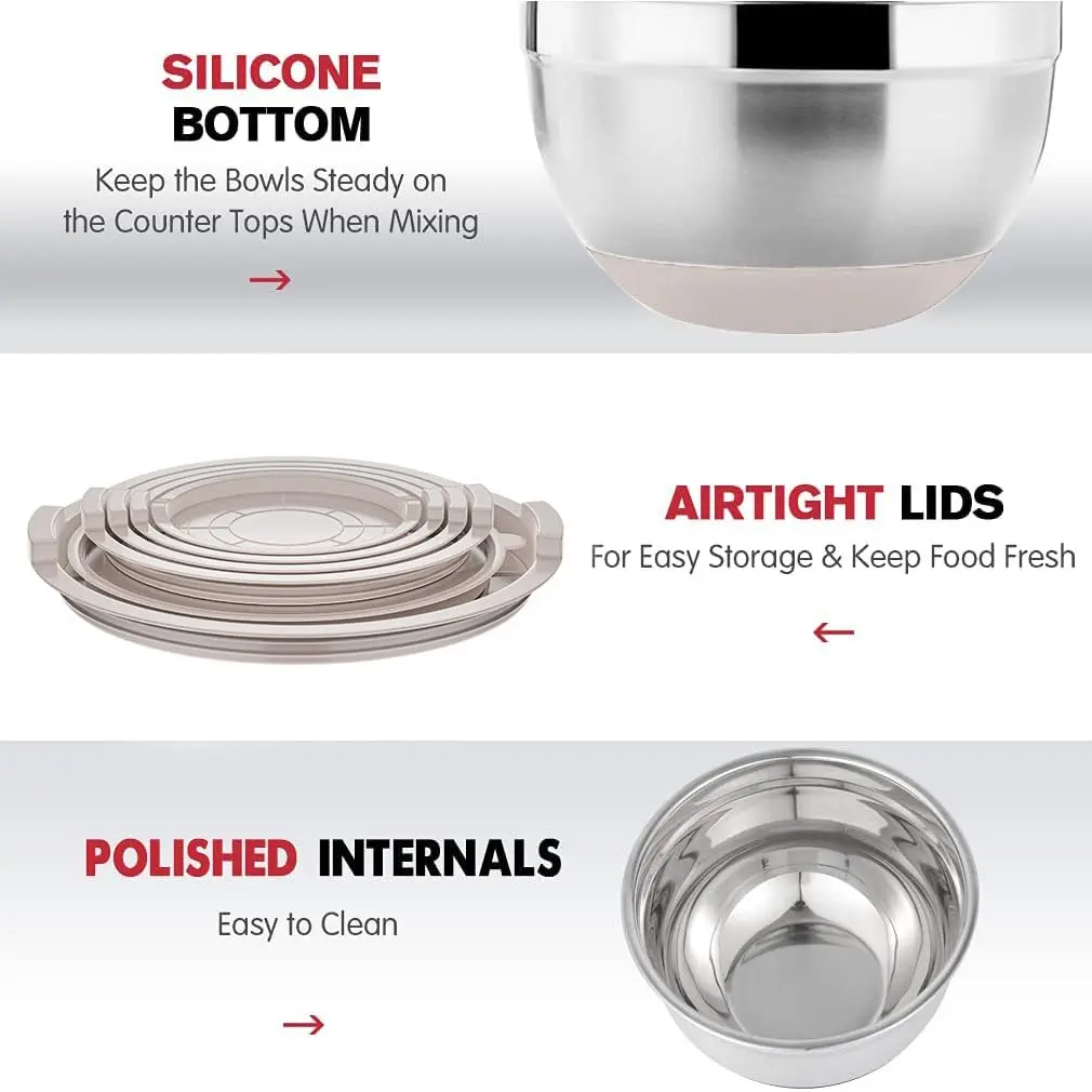 Rottay Stainless Steel Mixing Bowls Set 6pcs with Airtight Lids | Space-Saving, Durable & Dishwasher Safe - view 2