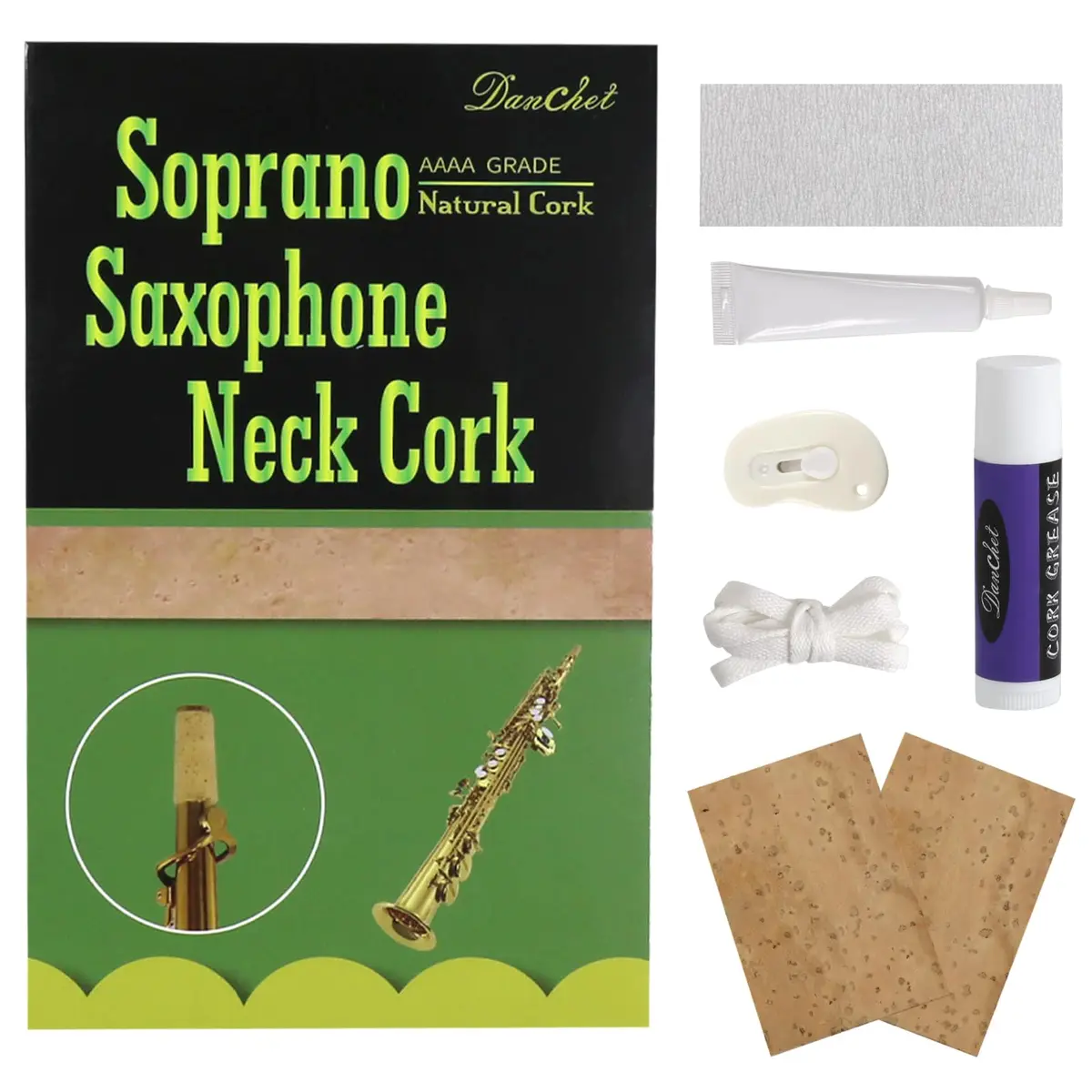 Danchet Saxophone Accessories Soprano Sax Cork Replacement Kit | 2 pcs Cork, Glue, Grease, Knife & Sandpaper - main product image