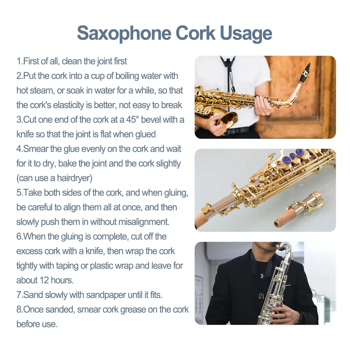 Danchet Saxophone Accessories Soprano Sax Cork Replacement Kit | 2 pcs Cork, Glue, Grease, Knife & Sandpaper - view 6