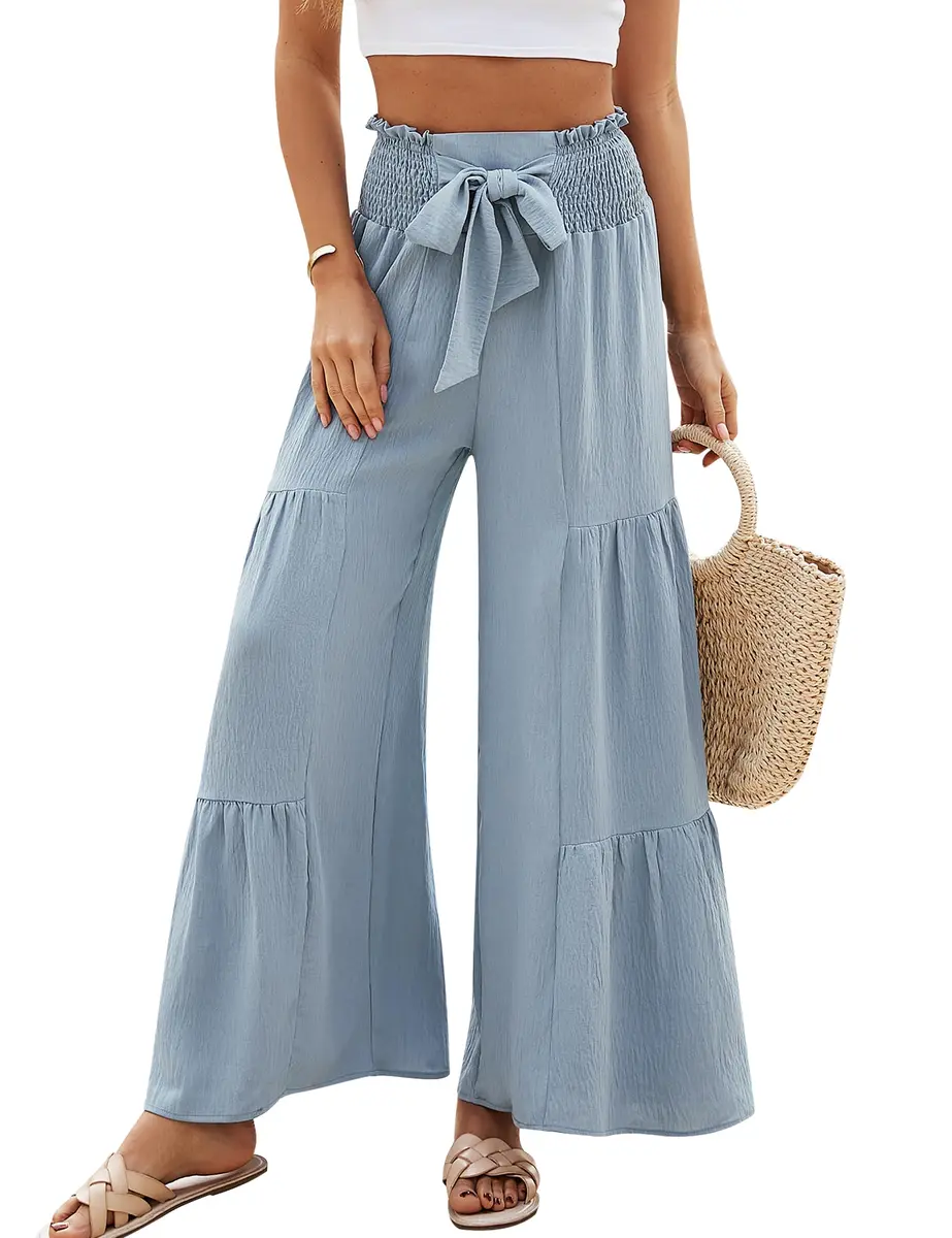 Blooming Jelly Women's High Waisted Wide Leg Palazzo Pants with Bow Tie Waistband | Haze Blue Large - main product image