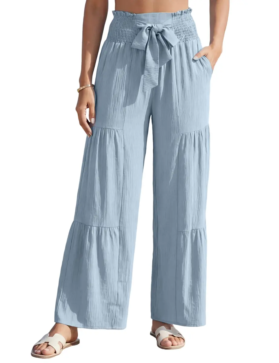Blooming Jelly Women's High Waisted Wide Leg Palazzo Pants with Bow Tie Waistband | Haze Blue Large - view 2