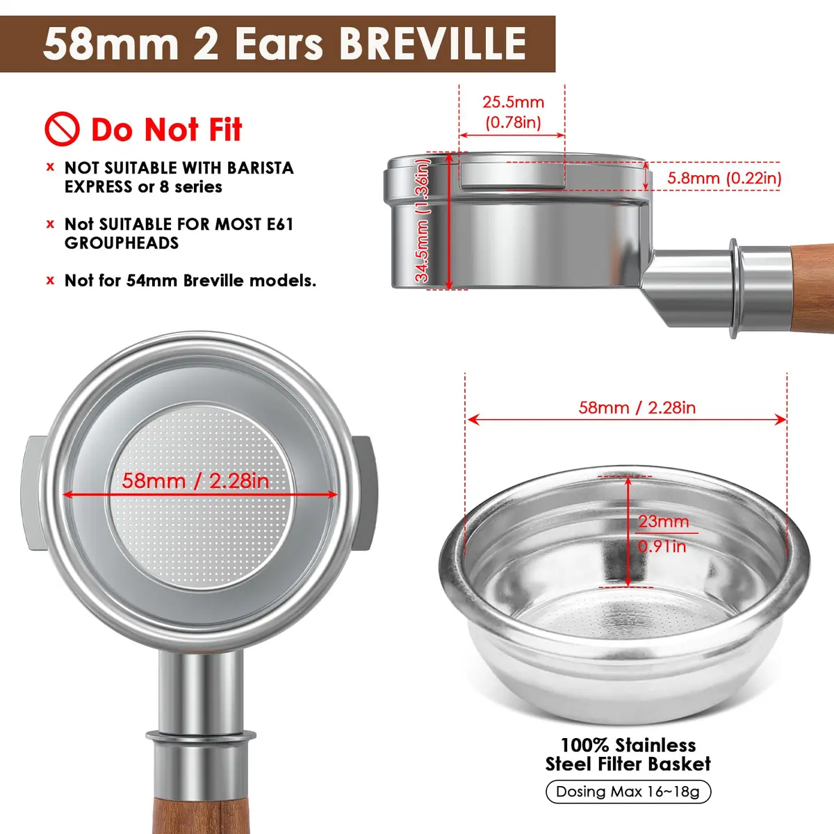 YMWVH 58mm Bottomless Portafilter for Breville Dual Boiler BES980XL/990BS/920XL | Precise Extraction - view 2