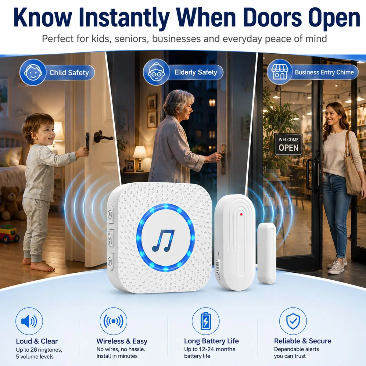 SanJie Door Chime Alarm When Open for Kids Safety, Home and Business | Wireless Entry Alert with 26 Ringtones - view 2