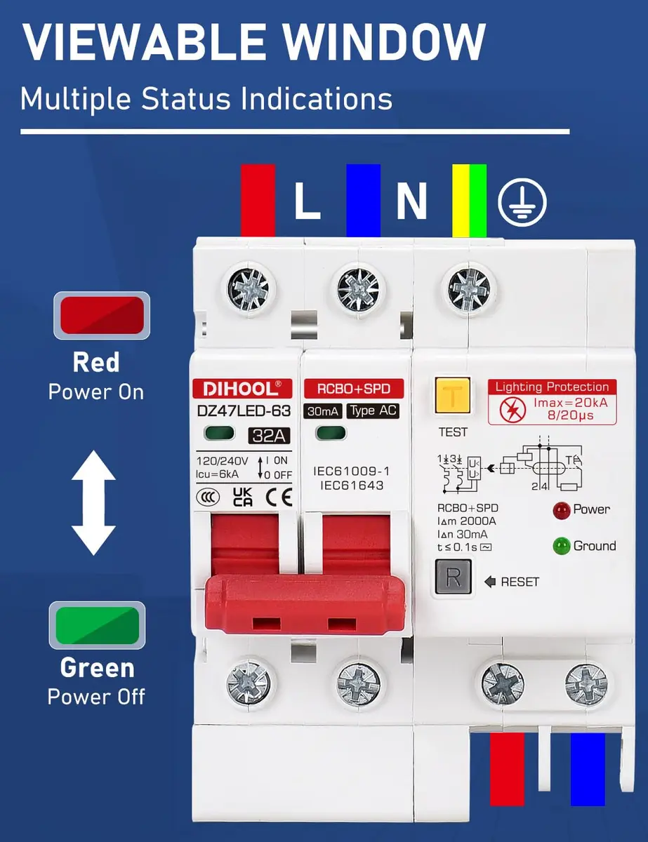 DIHOOL 120V 240V Circuit Breaker 32A | Residual Current & Surge Protection (120-240V AC, DIN Rail Mount, 2 Poles) - view 7