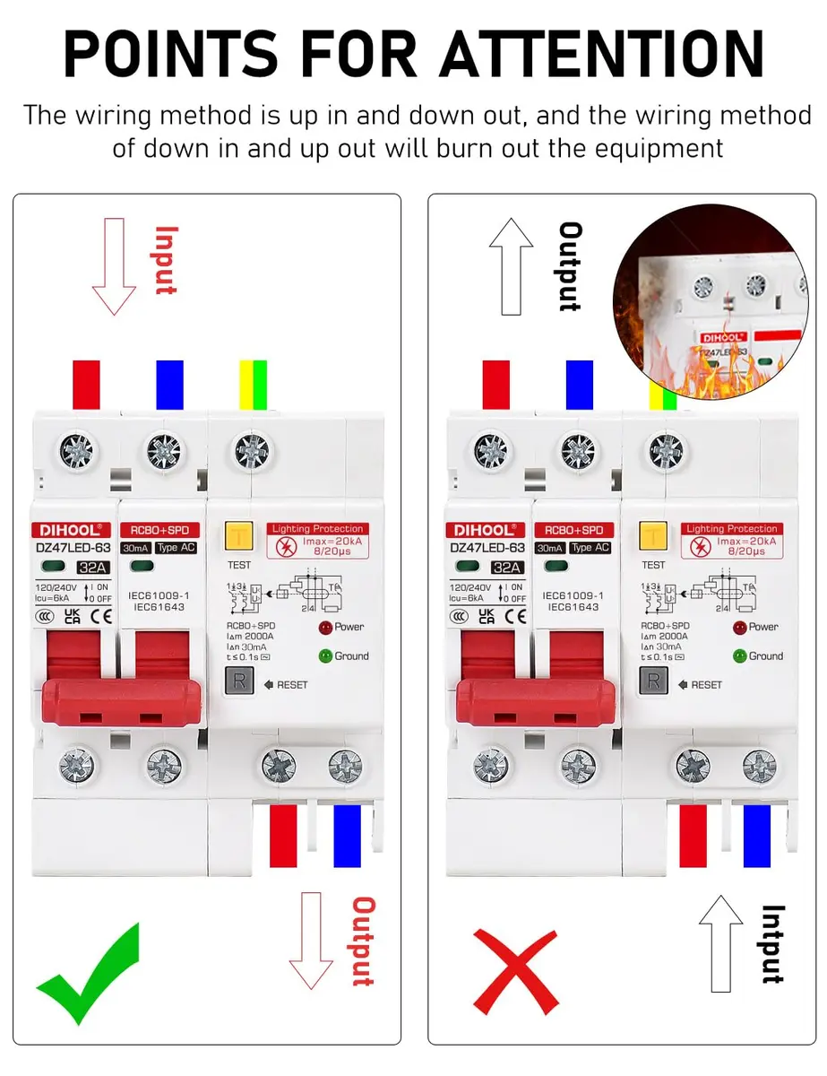 DIHOOL 120V 240V Circuit Breaker 32A | Residual Current & Surge Protection (120-240V AC, DIN Rail Mount, 2 Poles) - view 9