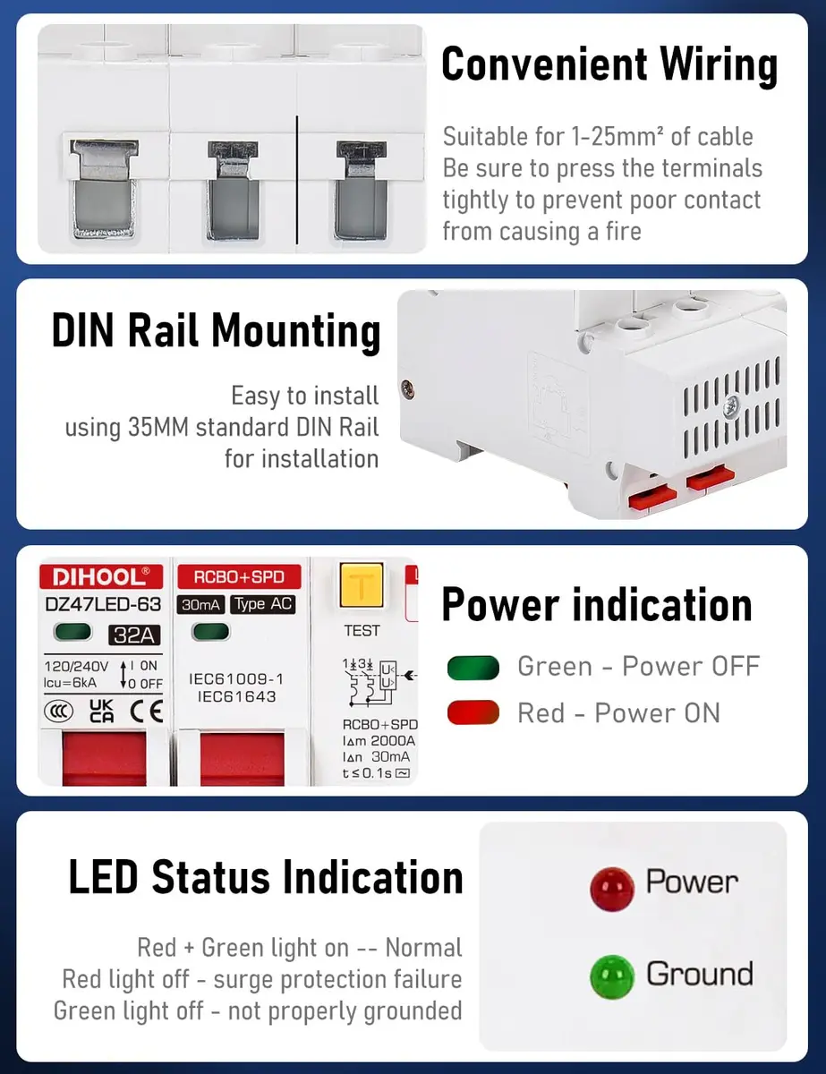DIHOOL 120V 240V Circuit Breaker 32A | Residual Current & Surge Protection (120-240V AC, DIN Rail Mount, 2 Poles) - view 2