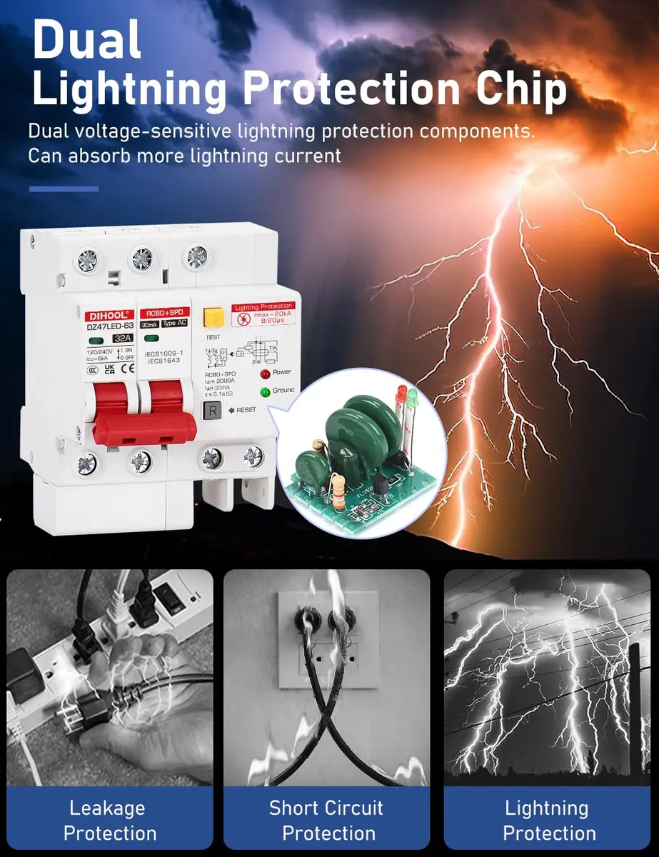 DIHOOL 120V 240V Circuit Breaker 32A | Residual Current & Surge Protection (120-240V AC, DIN Rail Mount, 2 Poles) - view 3