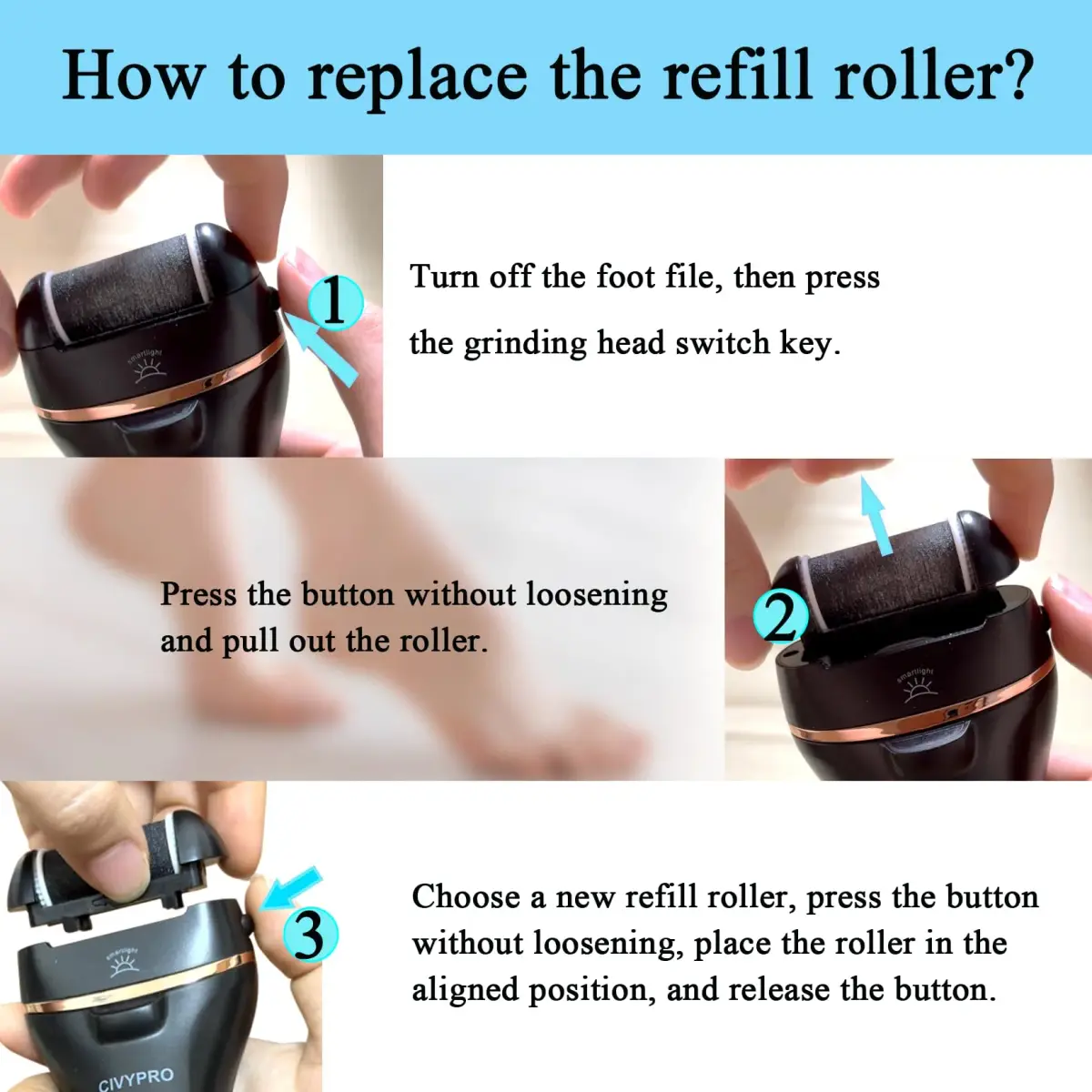 CIVYPRO Replacement Roller Heads for Electric Callus Remover BK-506, 3-Count (Extra Coarse, Regular Coarse, Gentle Coarse) | Foot Care Pedicure Tools - view 6