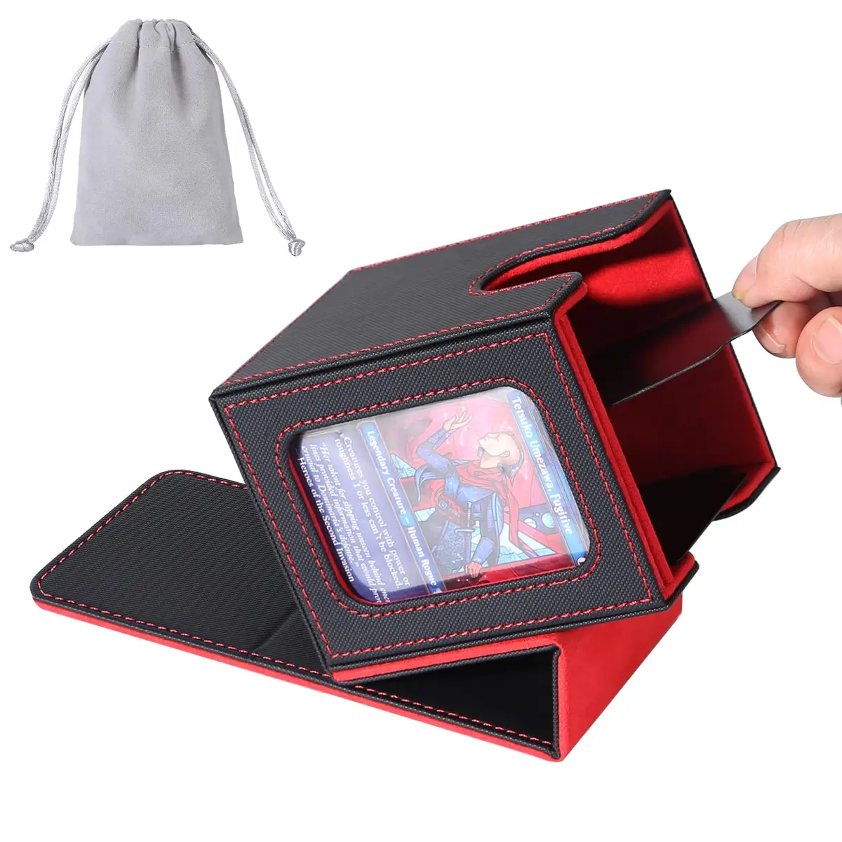 AFIING MTG Commander Deck Box for 100 Double Sleeved Cards, Black/Red | Side Window Display & Drawstring Bag - main product image