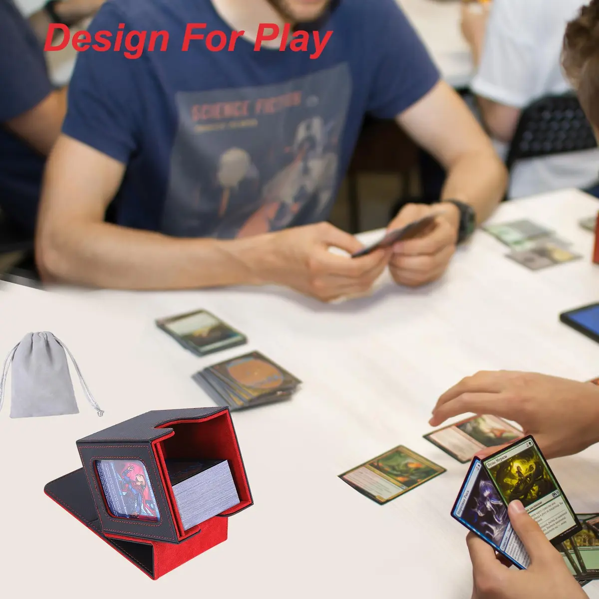 AFIING MTG Commander Deck Box for 100 Double Sleeved Cards, Black/Red | Side Window Display & Drawstring Bag - view 5
