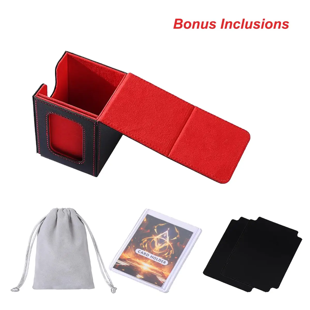 AFIING MTG Commander Deck Box for 100 Double Sleeved Cards, Black/Red | Side Window Display & Drawstring Bag - view 6
