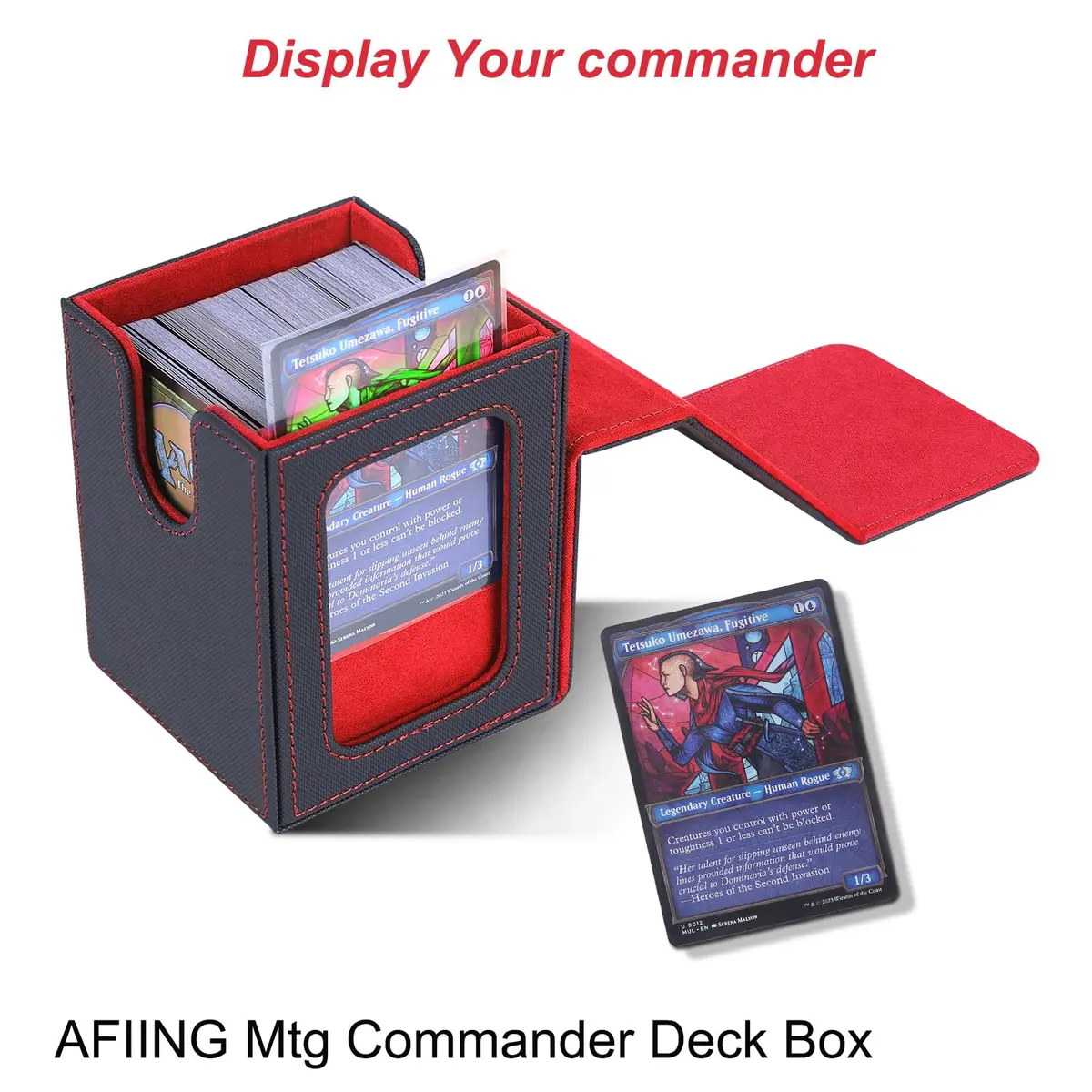 AFIING MTG Commander Deck Box for 100 Double Sleeved Cards, Black/Red | Side Window Display & Drawstring Bag - view 2