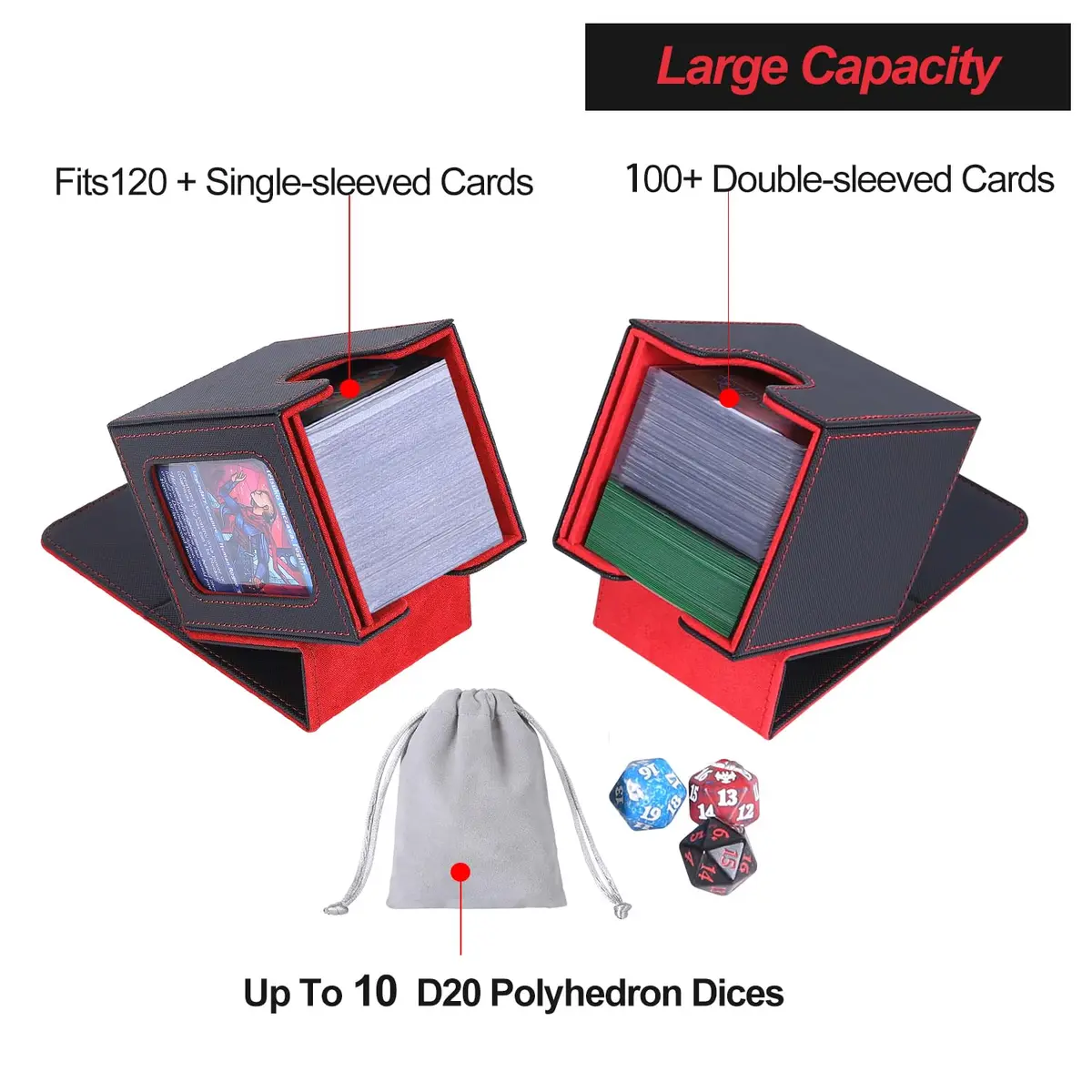AFIING MTG Commander Deck Box for 100 Double Sleeved Cards, Black/Red | Side Window Display & Drawstring Bag - view 3