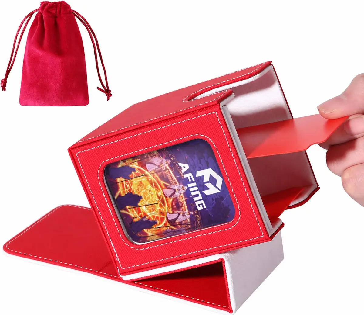 AFIING Commander Deck Box with Commander Display Window & Dice Bag, 100 Double-Sleeved Cards or 120 Single-Sleeved Cards, PU Leather, Magnetic Closure (Red/White) - main product image