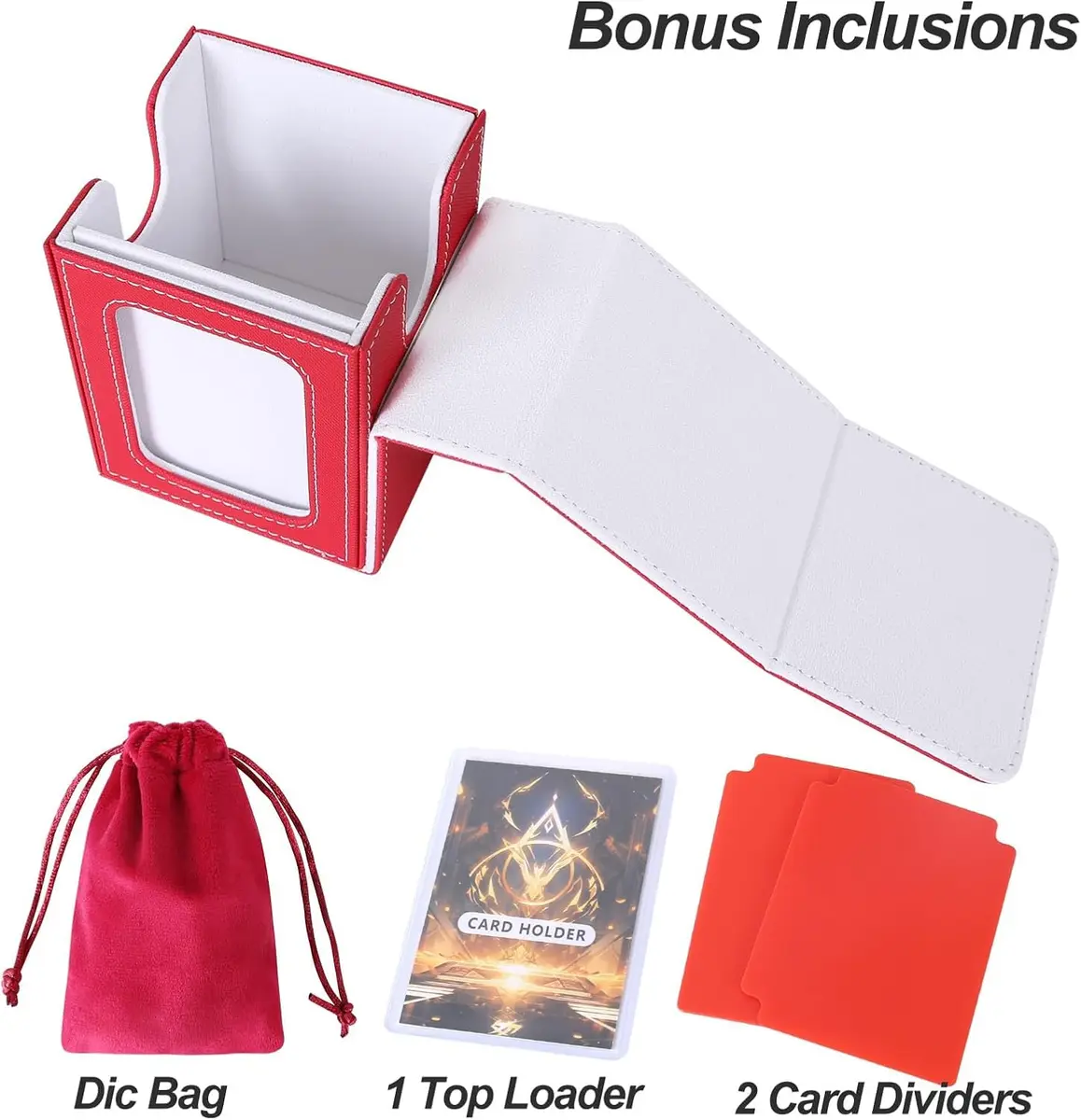 AFIING Commander Deck Box with Commander Display Window & Dice Bag, 100 Double-Sleeved Cards or 120 Single-Sleeved Cards, PU Leather, Magnetic Closure (Red/White) - view 5