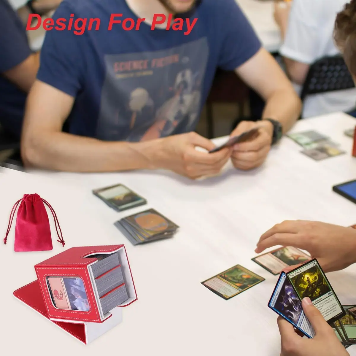 AFIING Commander Deck Box with Commander Display Window & Dice Bag, 100 Double-Sleeved Cards or 120 Single-Sleeved Cards, PU Leather, Magnetic Closure (Red/White) - view 6
