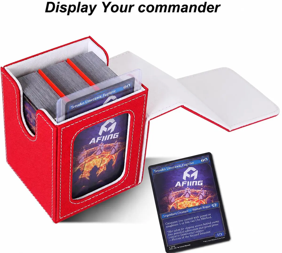 AFIING Commander Deck Box with Commander Display Window & Dice Bag, 100 Double-Sleeved Cards or 120 Single-Sleeved Cards, PU Leather, Magnetic Closure (Red/White) - view 2