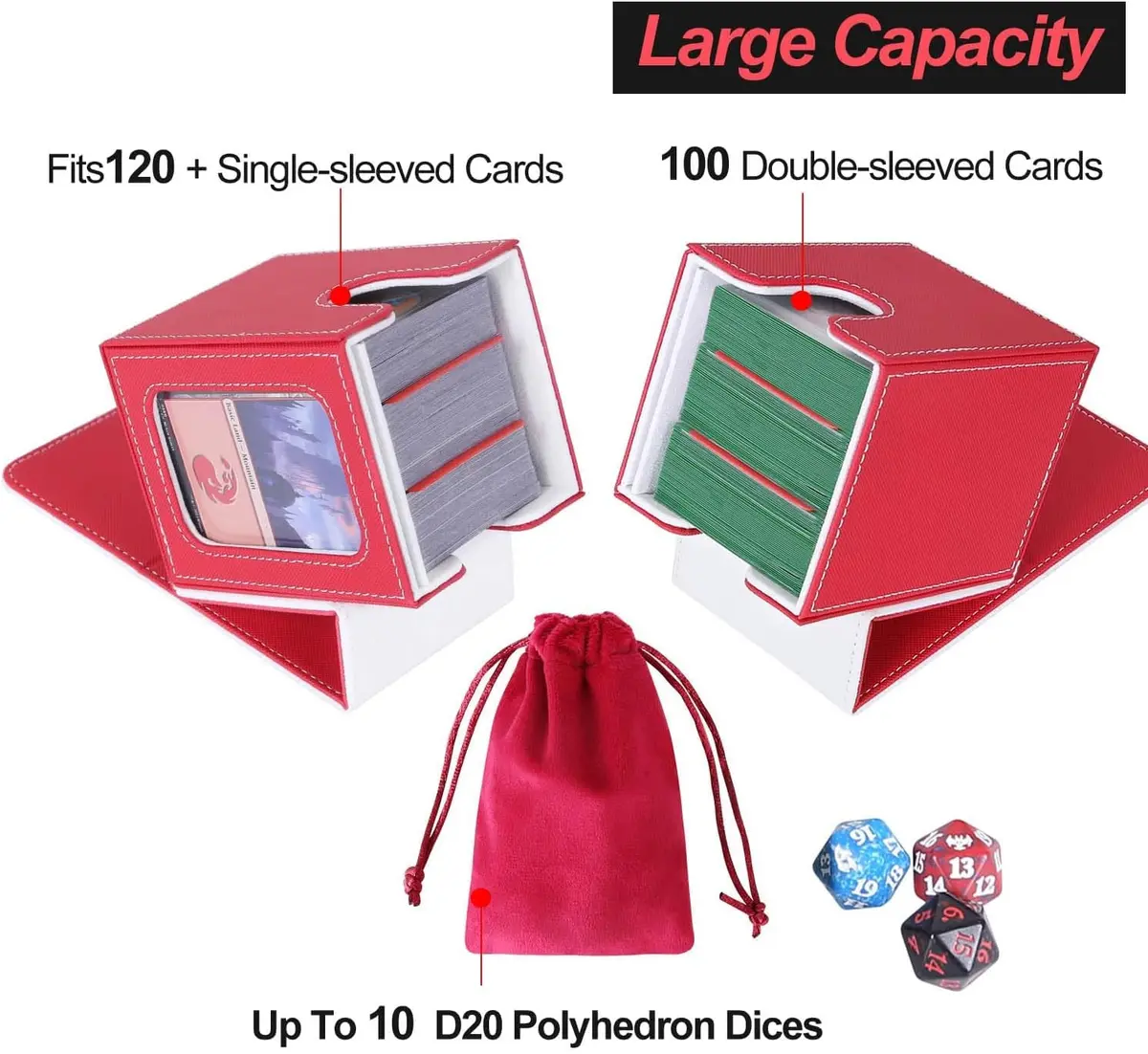 AFIING Commander Deck Box with Commander Display Window & Dice Bag, 100 Double-Sleeved Cards or 120 Single-Sleeved Cards, PU Leather, Magnetic Closure (Red/White) - view 3