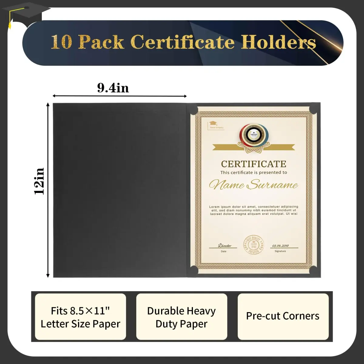 COIDEA Black Certificate Holders 10-Pack | 24.4cm x 30.6cm (9.4" x 12") Diploma Covers - view 2