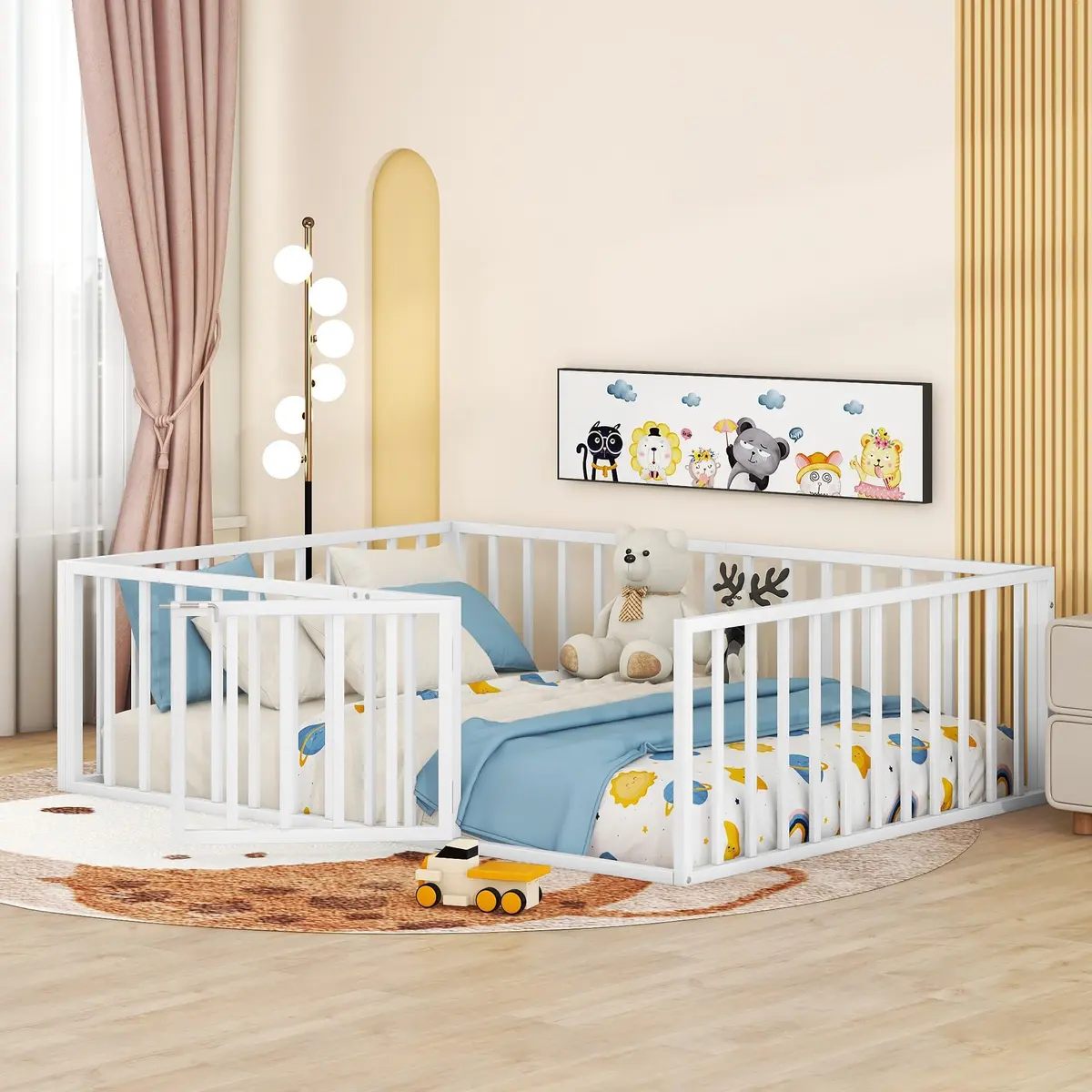 Brisca Full Size Metal Floor Bed Frame with Fence and Door | Versatile Montessori Kids Bed, No Box Spring Needed, Easy to Install, White - main product image