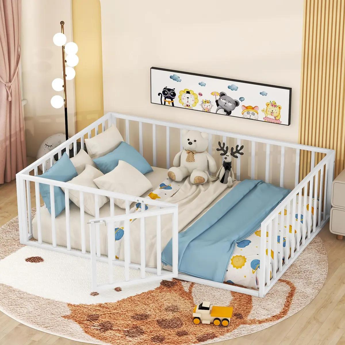 Brisca Full Size Metal Floor Bed Frame with Fence and Door | Versatile Montessori Kids Bed, No Box Spring Needed, Easy to Install, White - view 2