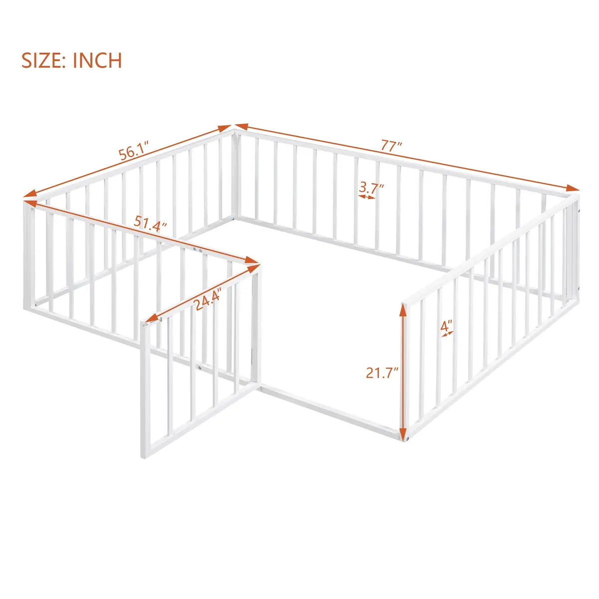 Brisca Full Size Metal Floor Bed Frame with Fence and Door | Versatile Montessori Kids Bed, No Box Spring Needed, Easy to Install, White - view 3