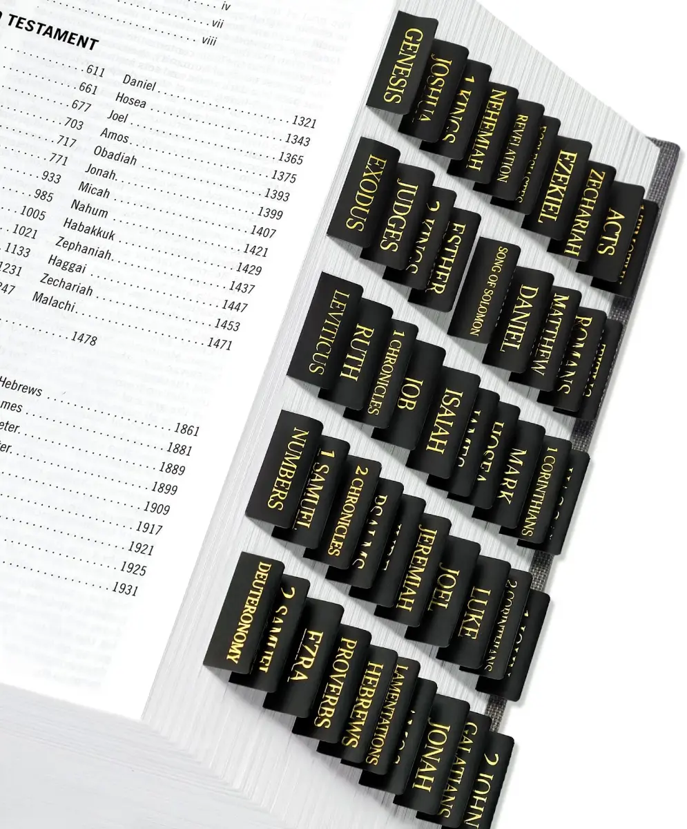 Taja Bible Tabs for Women & Men, Large Print Bible Index Tabs for Easy Navigation, Old & New Testament, 66 Tabs + 9 Blank - Black - main product image