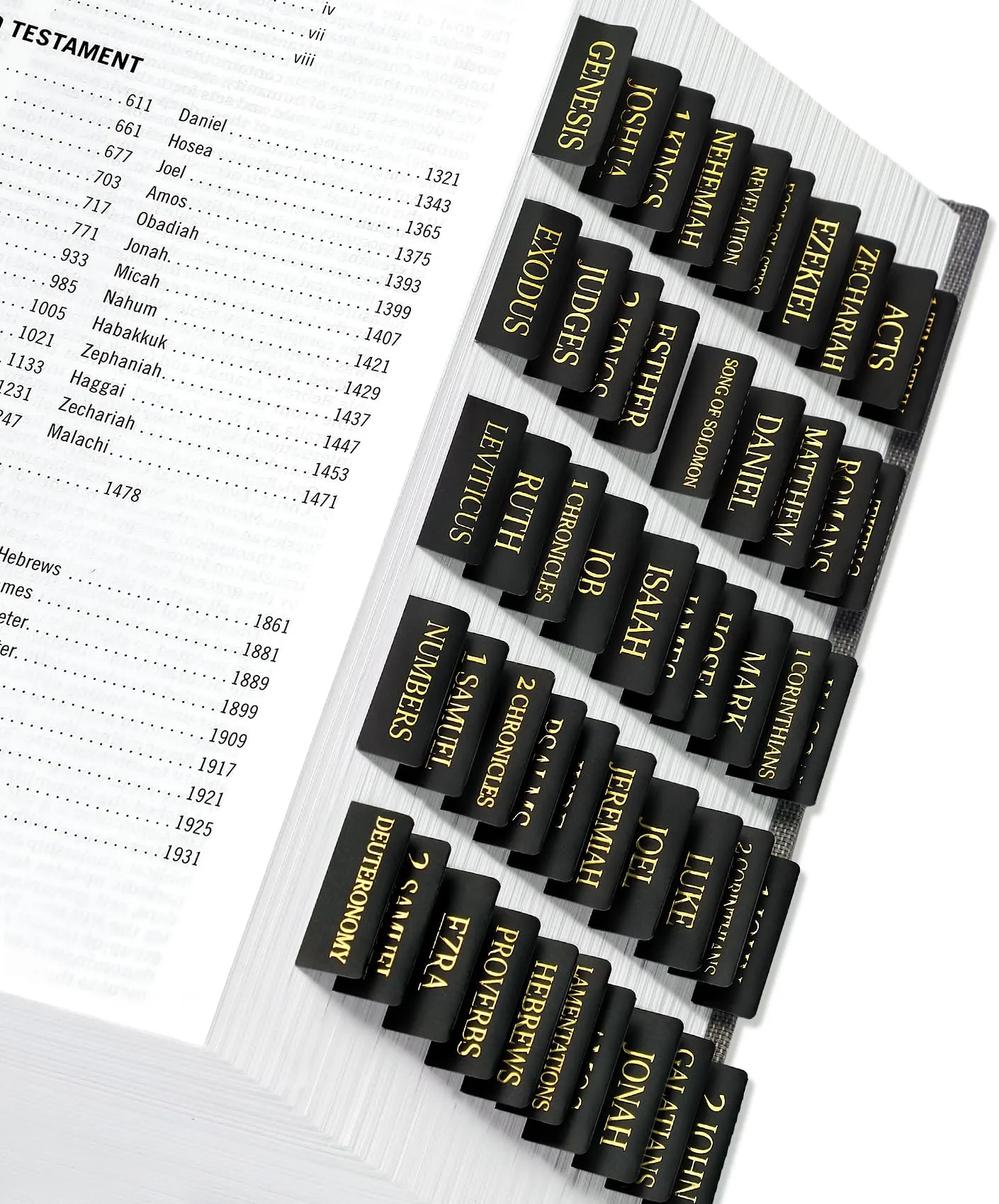 Taja Bible Tabs for Women & Men, Large Print Bible Index Tabs for Easy Navigation, Old & New Testament, 66 Tabs + 9 Blank - Black - main product image