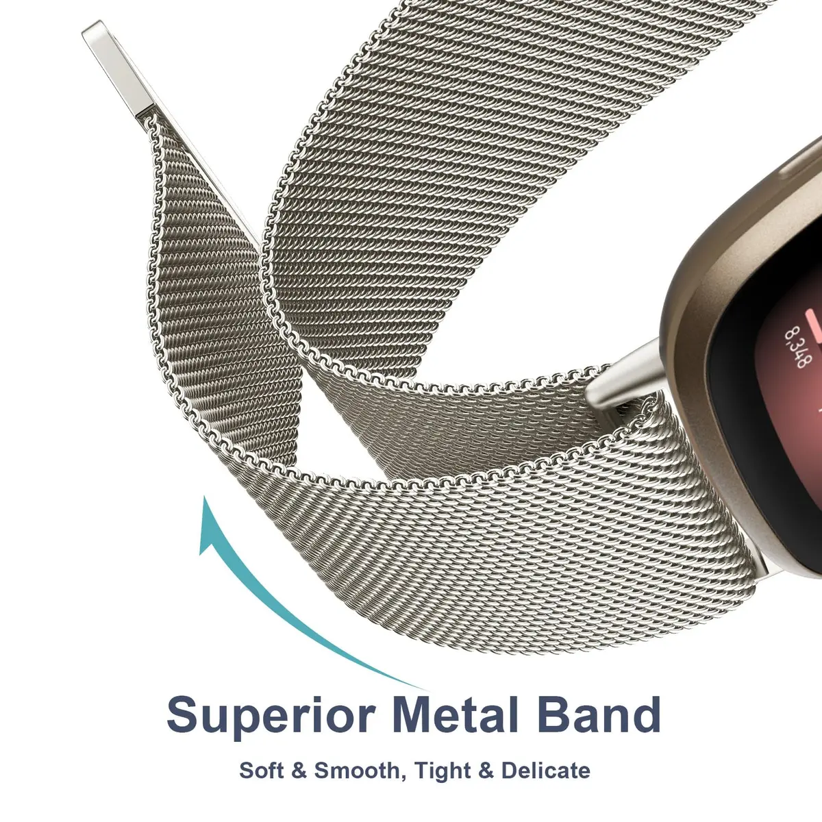 AK Metal Band Compatible with Fitbit Sense 2 / Versa 4 / Versa 3, Stainless Steel Mesh Loop Magnetic Replacement Strap for Smartwatch (Small, Starlight) - view 4