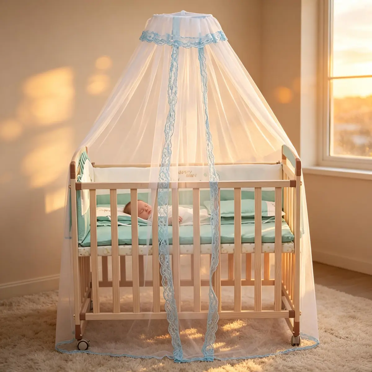 Vawolecy Universal Crib Mosquito Net with Lace Dome Canopy No Stand | Breathable Polyester Mesh, 63in Height x 177in Perimeter - view 3