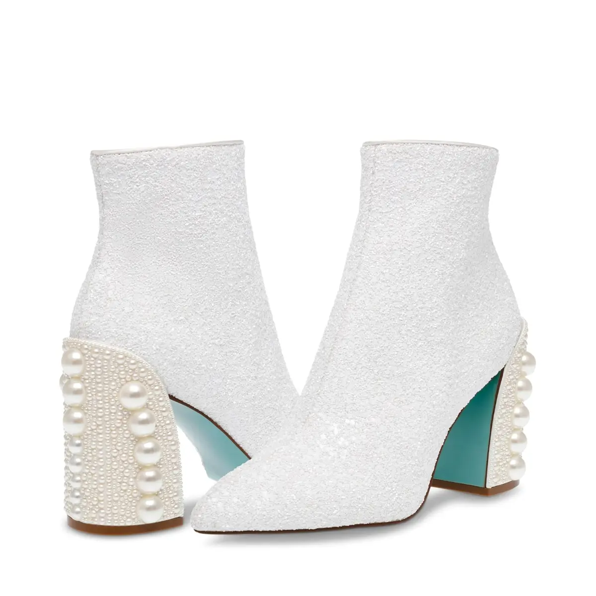 Betsey Johnson Kasey Ankle Boot, White, 6 | Pearl-embellished Block Heel, 3.5in - main product image