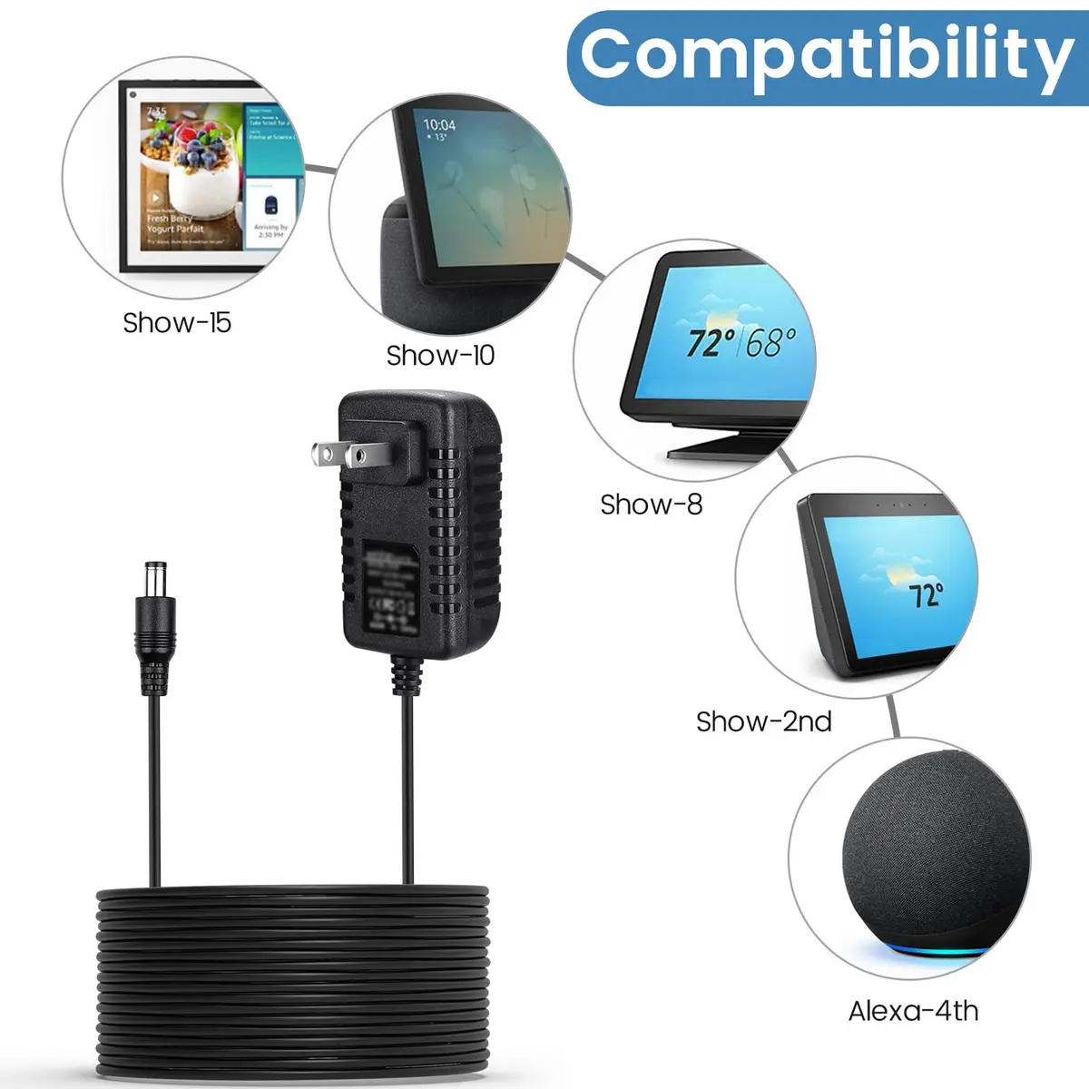 weishan 30W Power Cord Adapter for Echo Show 8 3rd, Show 10, 15, 21 & Echo 4th Gen | 1.5m Black, 18V, 30W - view 4