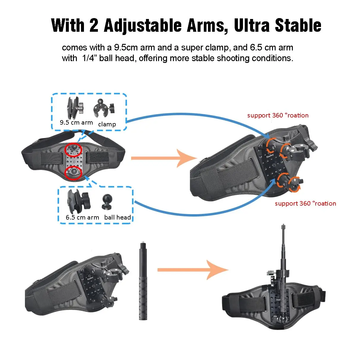 Fotoleey Back Bar Waist Strap Mount for Insta360 X6/X5/X4/X3, GoPro & DJI | Adjustable, Vibration Dampening, 360° Rotation - view 5