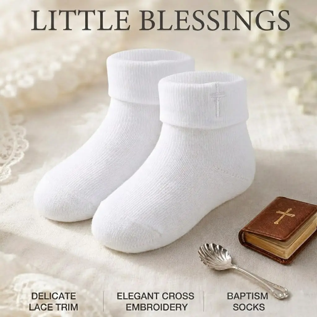 KESICI Newborn Baptism Socks Infant Ankle Crew Socks White Turn cuff Christening Cotton Socks for Baby Boys Girls,0-12 Months | Elegant & Soft - view 5