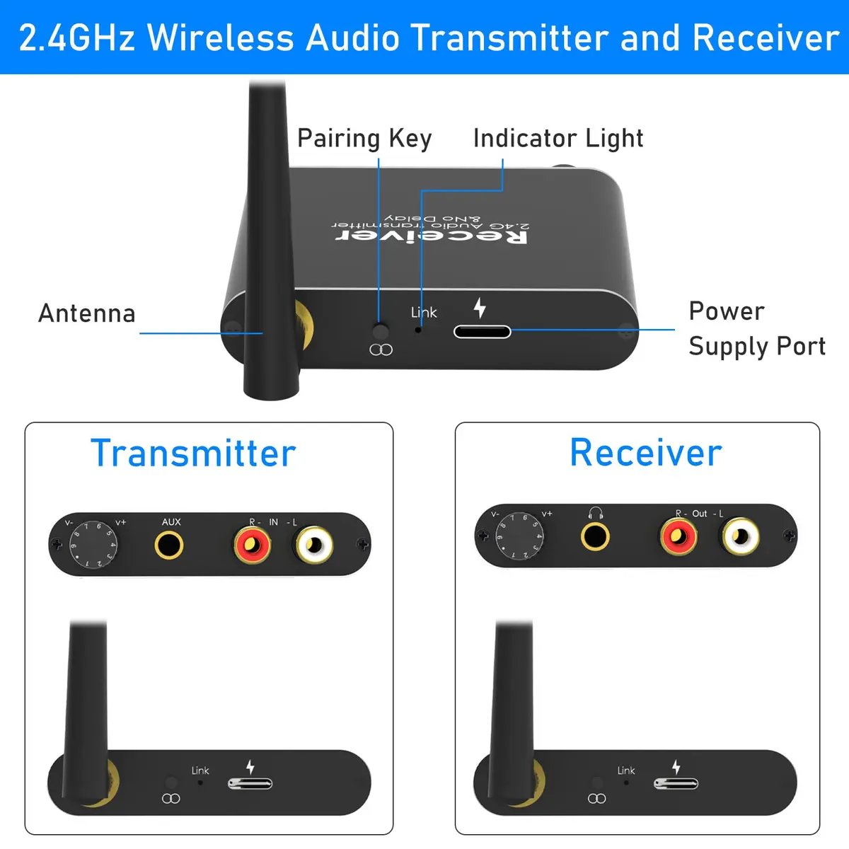 Tendak Wireless Audio Transmitter Receiver Set 2.4GHz | Long Range, Low Delay, RCA & 3.5mm Out/Input - view 5