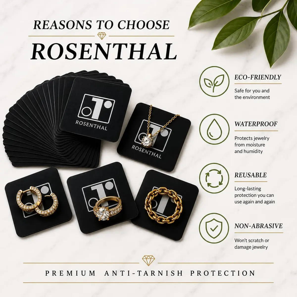 Rosenthal Collection 50 Anti-Tarnish Strips 1"x1" Tabs for Jewelry Storage, Silver Protection, Prevent Tarnish on Rings, Necklaces, Earrings, Watches - view 2
