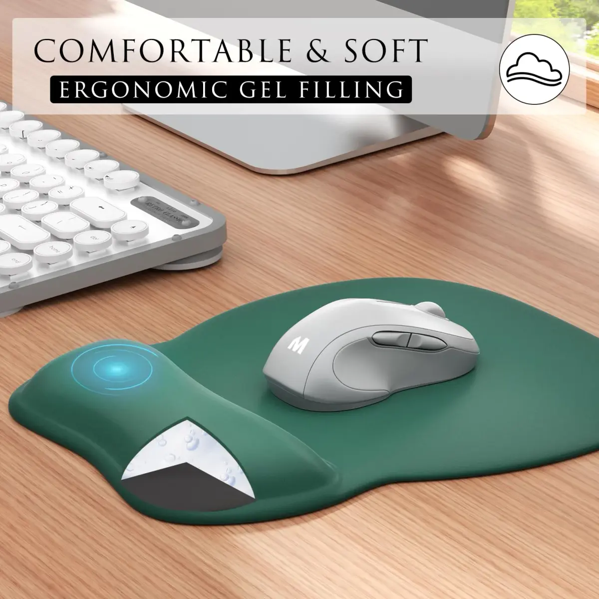 MROCO Ergonomic Mouse Pad with Gel Wrist Rest, 9.4 x 8.1 in (24 x 20.5 cm), Forest Green | Smooth Lycra Surface for Precise Control - view 4
