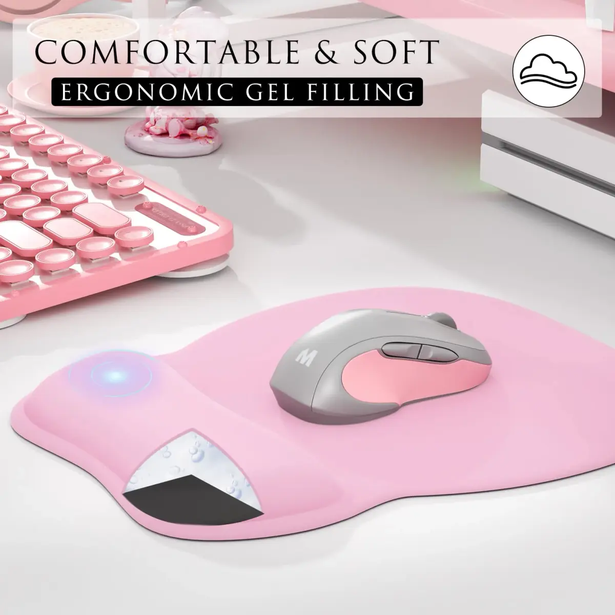 MROCO Ergonomic Mouse Pad with Gel Wrist Rest, 21.8 cm (8.6 in) x 24.4 cm (9.6 in), Pale Pink | Smooth Lycra Surface & Non-Slip PU Base - view 4