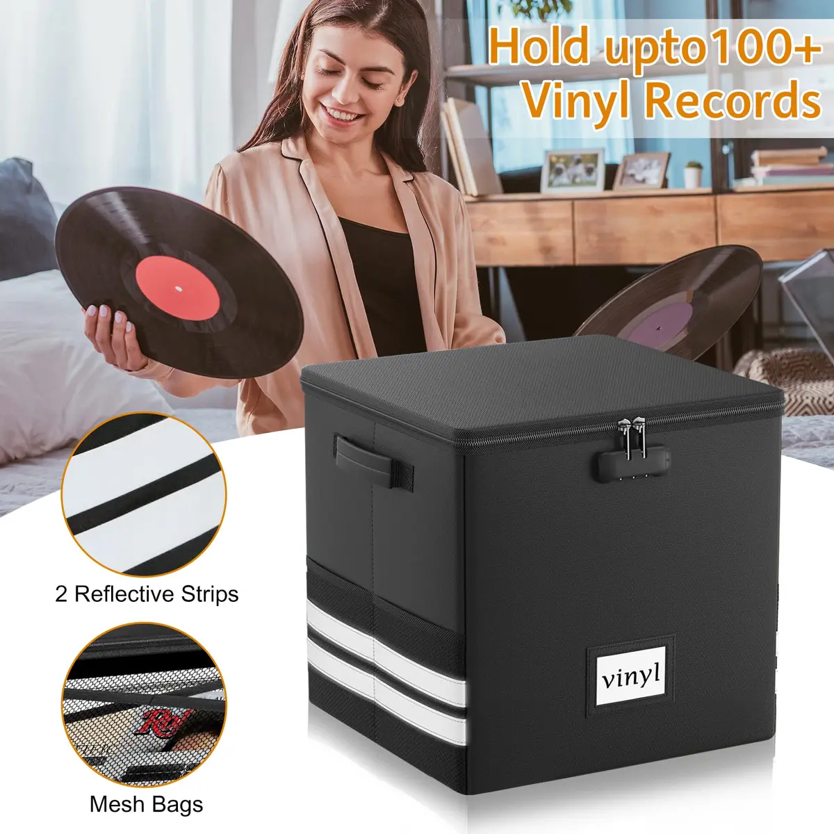 onvvippiv Large Vinyl Record Storage Box Fireproof Waterproof with Lock | 13"x13"x13" | Holds 100+ Records - view 3