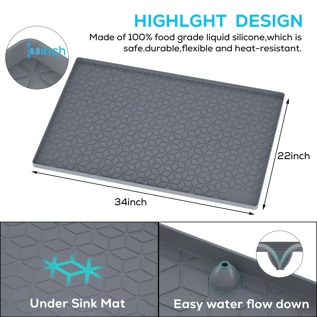 MIFADFAO Under Sink Mat 86cm x 56cm (34"x22") | Waterproof Silicone Liner with Drain Hole for Kitchen Cabinets & Counters - view 2