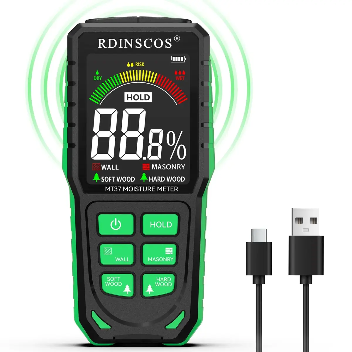 RDINSCOS Pinless Moisture Meter for Wall, Wood, Concrete & Drywall | 19mm Deep Scan, Rechargeable, Color Display - main product image