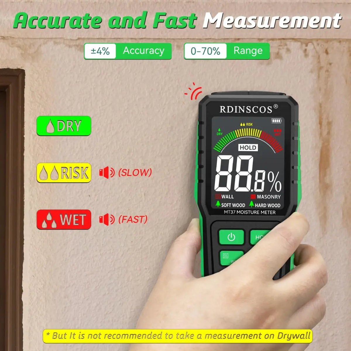 RDINSCOS Pinless Moisture Meter for Wall, Wood, Concrete & Drywall | 19mm Deep Scan, Rechargeable, Color Display - view 5