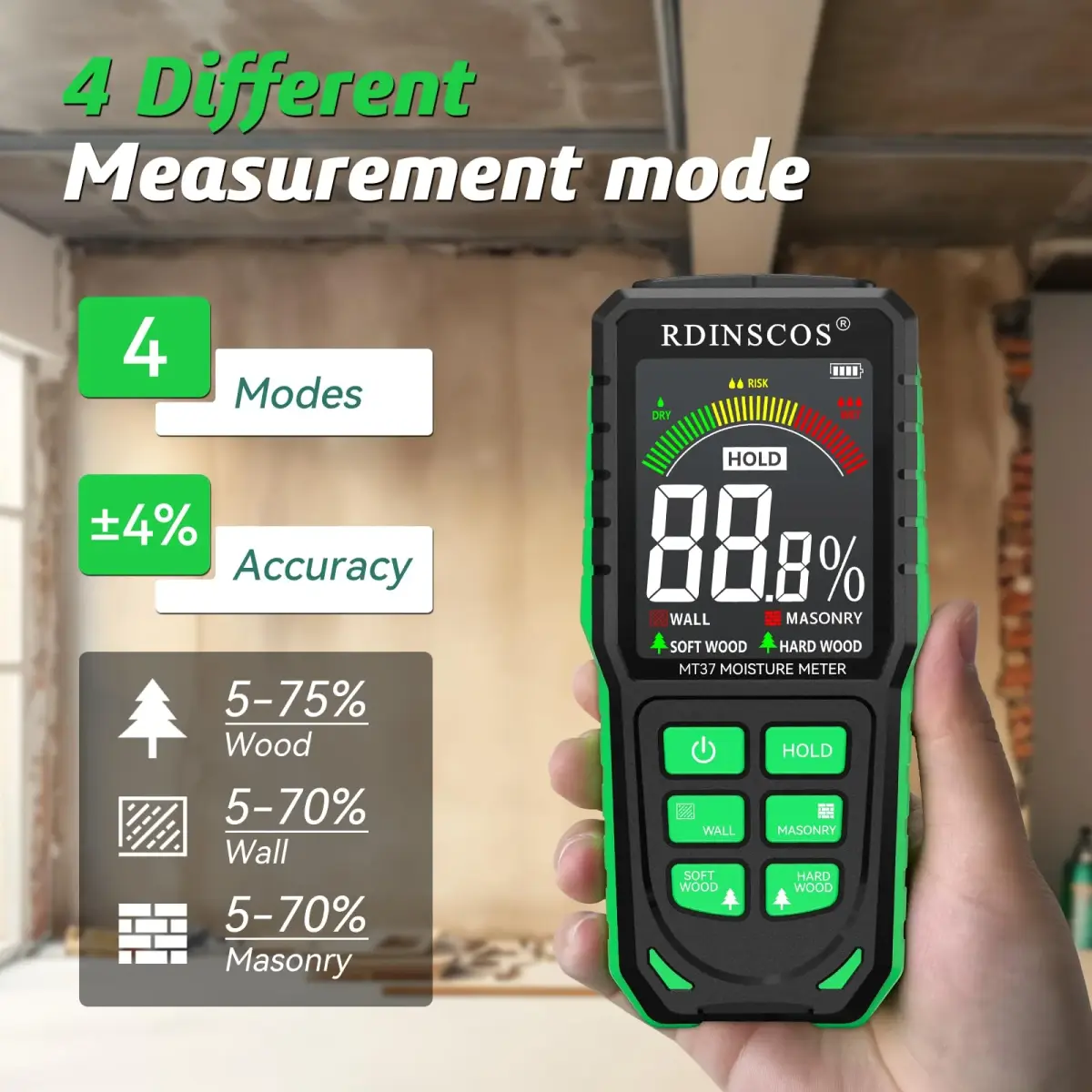 RDINSCOS Pinless Moisture Meter for Wall, Wood, Concrete & Drywall | 19mm Deep Scan, Rechargeable, Color Display - view 6