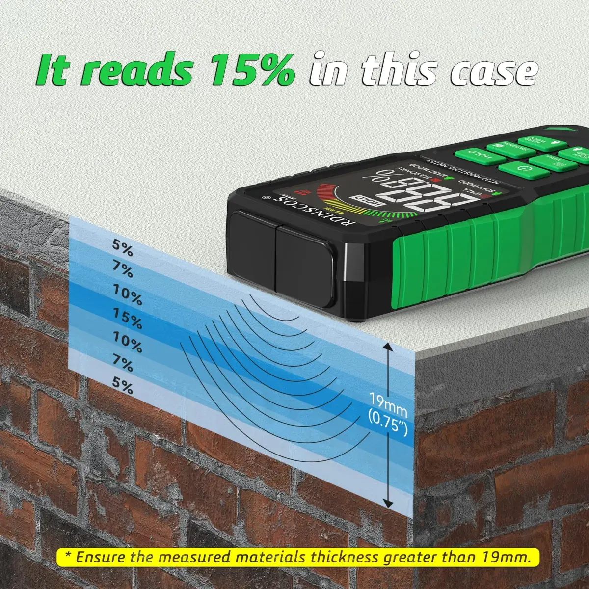 RDINSCOS Pinless Moisture Meter for Wall, Wood, Concrete & Drywall | 19mm Deep Scan, Rechargeable, Color Display - view 4