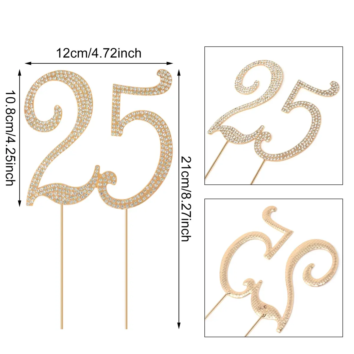 Honbay 25 Birthday Cake Topper Sparkling Bling Alloy Crystal Rhinestones | Gold, 4.72x4.25 inch - view 2